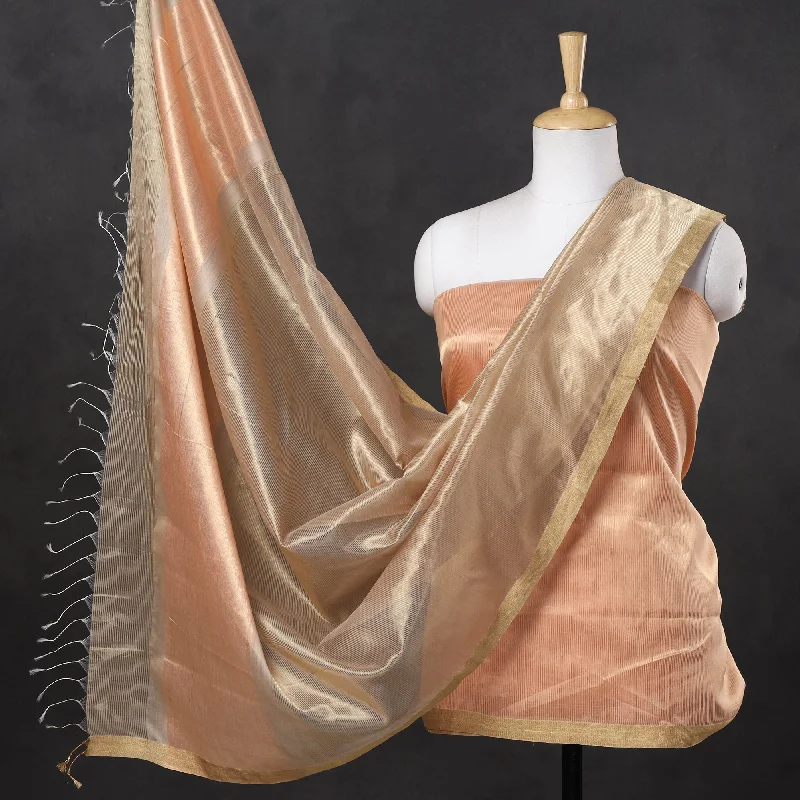 Clearance Sale Peach - 2pc Maheshwari Silk Handloom Tissue Zari Stripes Suit Material Set