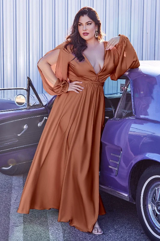 Price Smash Cinderella Divine 7475C Plus Size Formal Long Sleeve Satin Dress Sienna