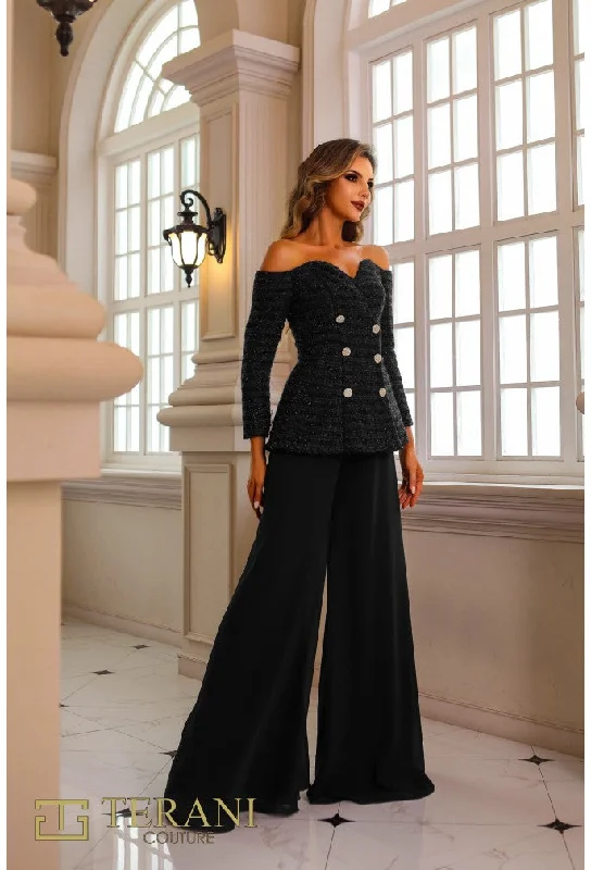 Sneak Peek Sale Terani Couture 242E3185 Long Metalic Lace Formal Pant Suit