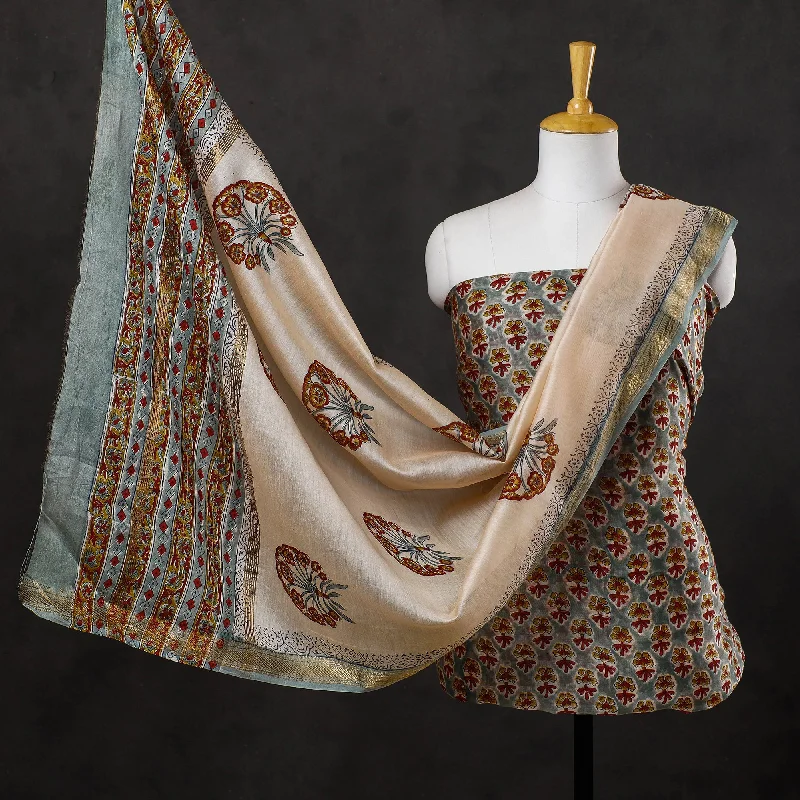 Unbeatable Prices 3pc Sanganeri Block Printed Maheshwari Silk Suit Material Set