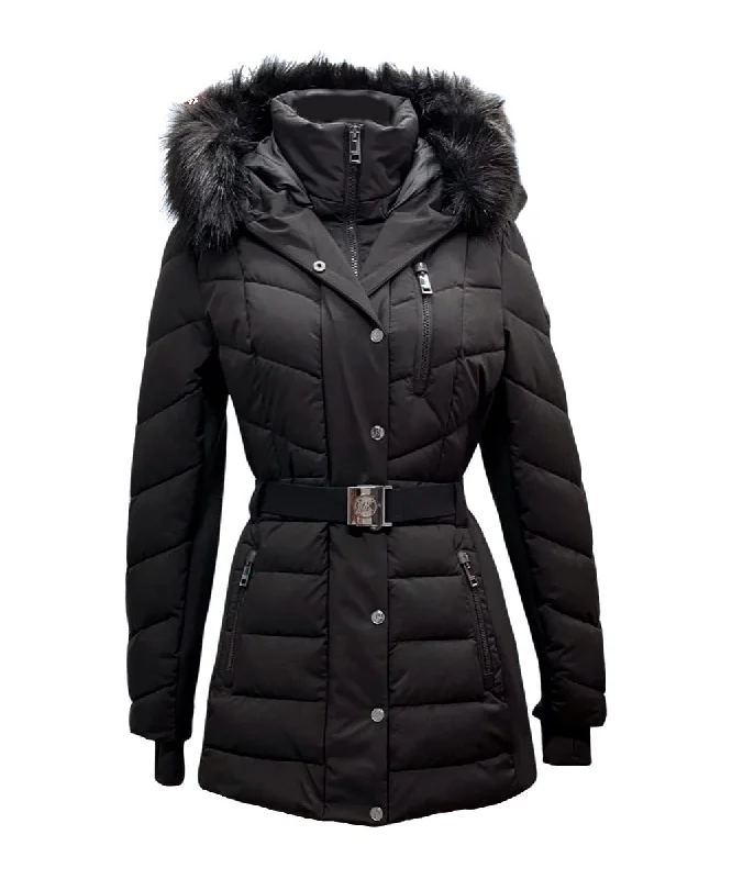 Extra Savings Michael Michael Kors Women's Belted Chevron Scuba Stretch Quilted Coat, Black