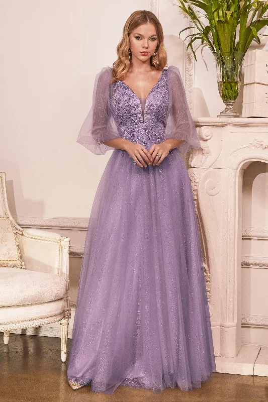 Overstock Cinderella Divine CD0182 Long Sleeve Mother of the Bride Long Tulle Dress English Violet