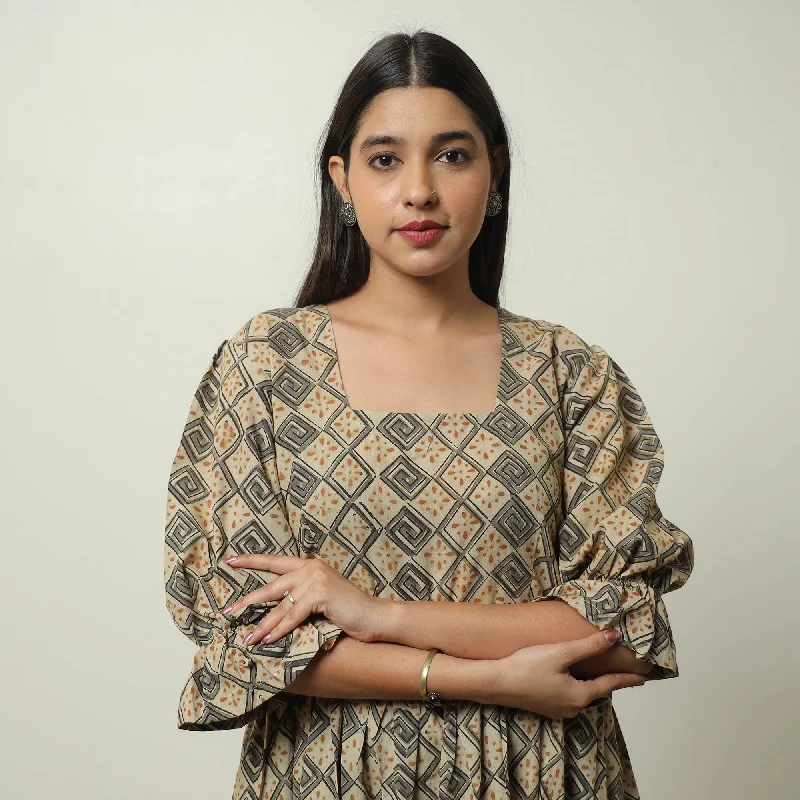Steals and Deals Beige - Kalamkari Block Printed Cotton Tiered Dress 08