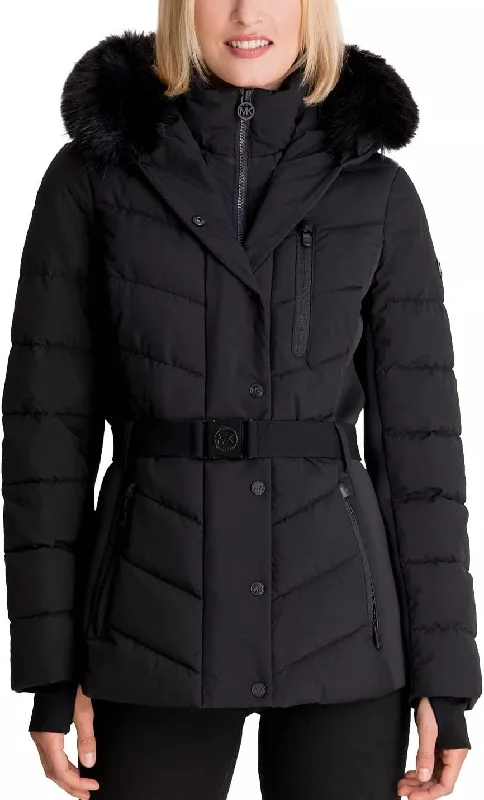 Price Rollback Michael Michael Kors Women's Faux Fur Belted Scuba Coat, Black