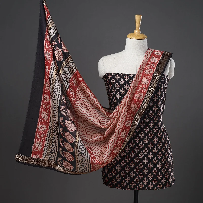 Great Deals Black - 3pc Maheshwari Silk Bagru Print Dress Material 18