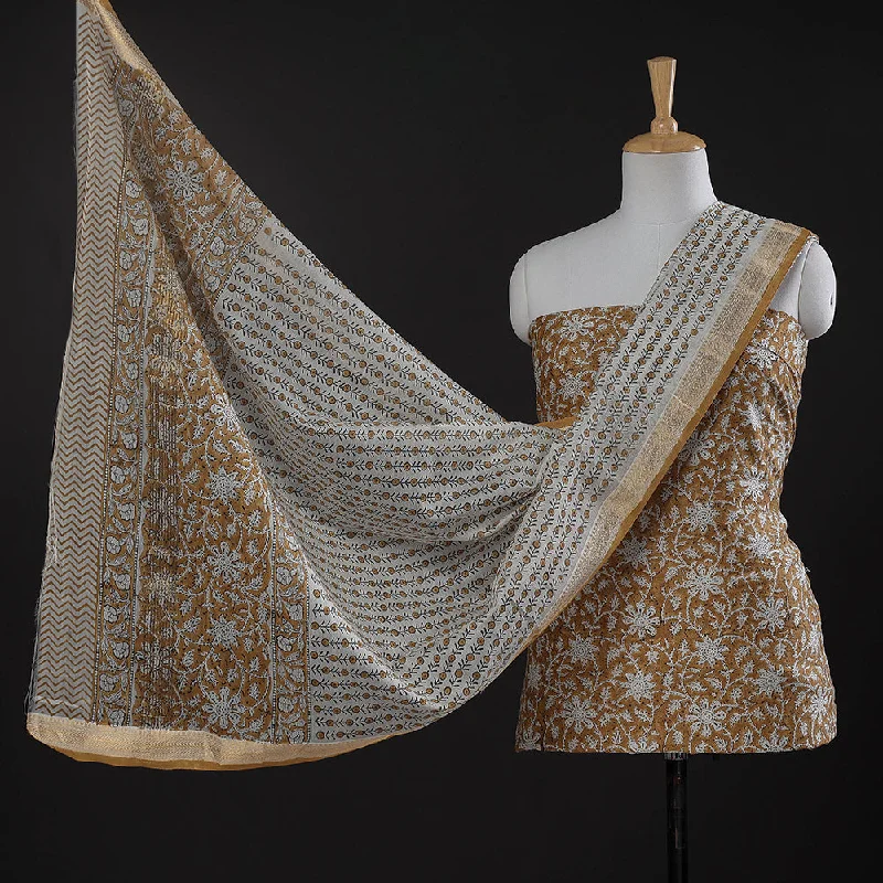 Great Deals Brown - 3pc Sanganeri Block Printed Maheshwari Silk Suit Material Set
