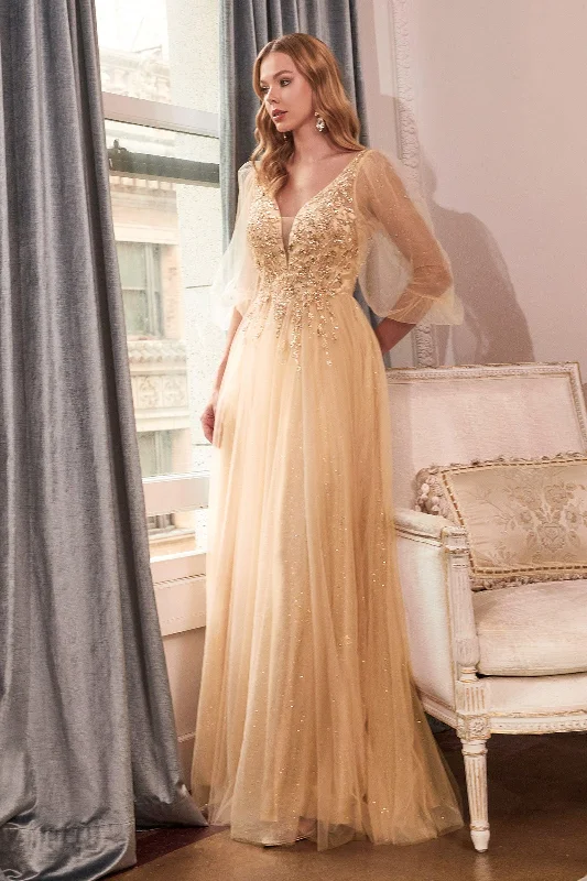 Price Cut Cinderella Divine CD0182 Long Sleeve Mother of the Bride Long Tulle Dress Champagne