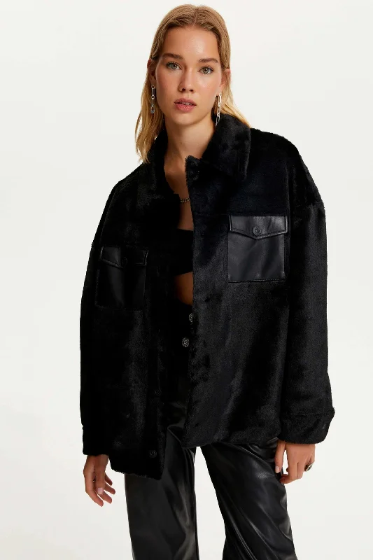 Overstock Lapel Collar Faux Fur Jacket