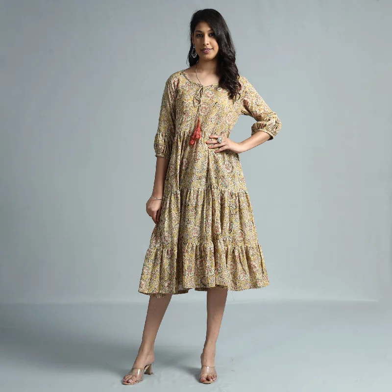 Mega Deal Beige - Kalamkari Block Printed Mul Cotton Flared Gher Dress