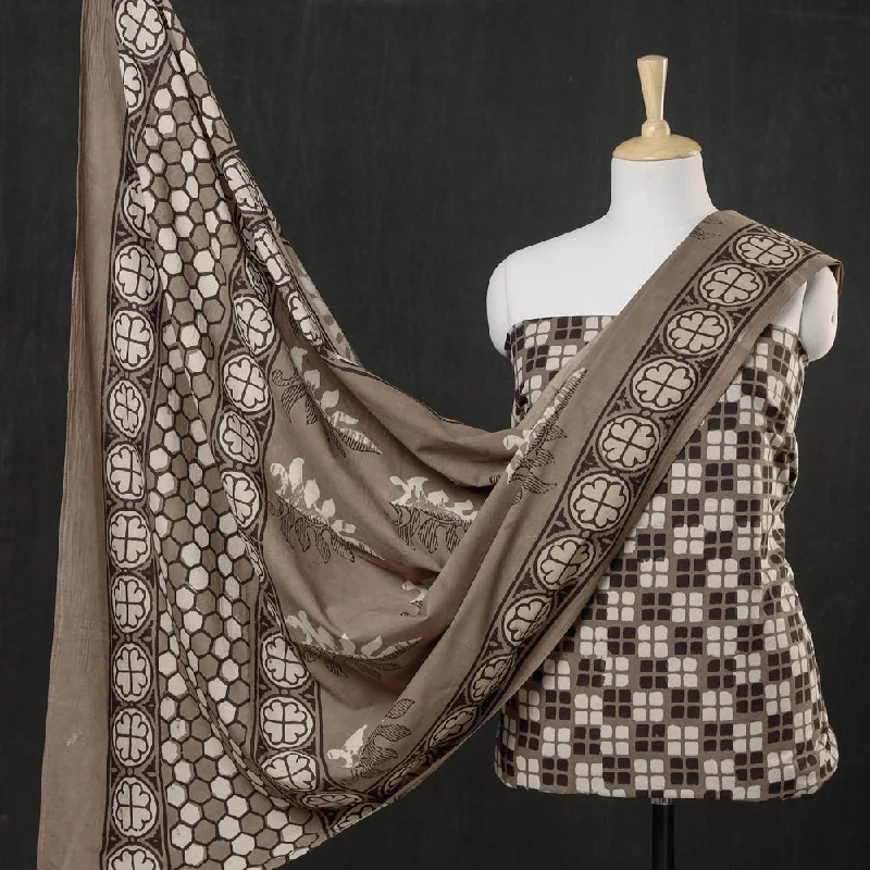Online Only Brown - 3pc Cotton Block Printed Pipad Dress Material Set