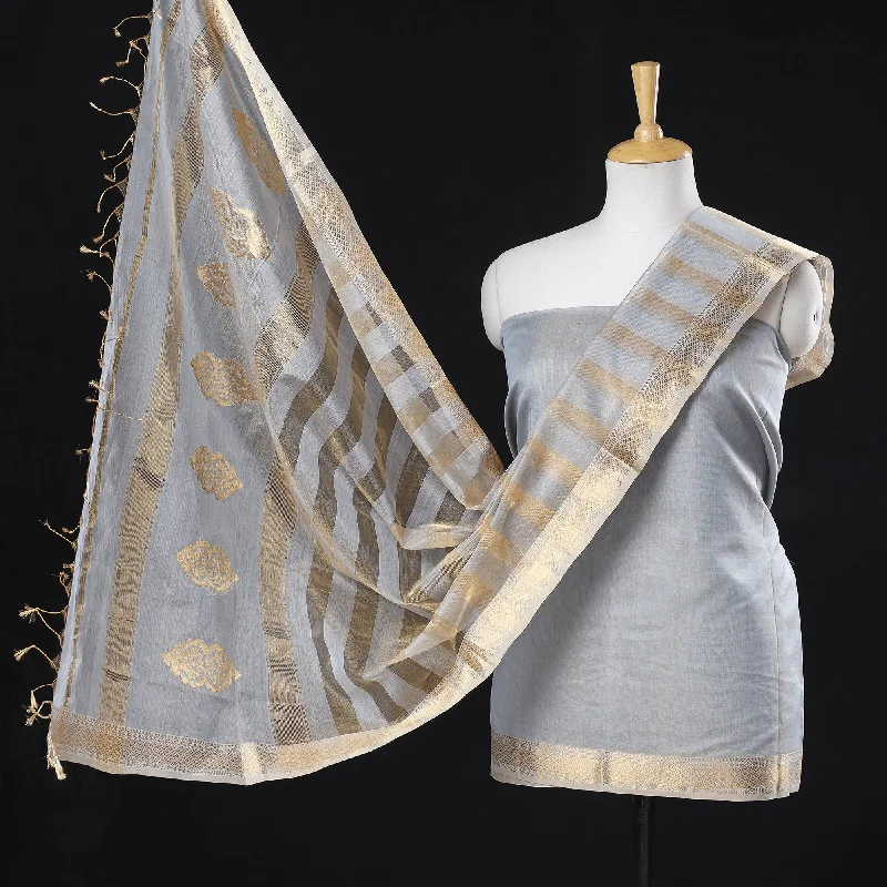Customer Appreciation Sale Grey - 2pc Maheshwari Silk Tissue Zari Handloom Suit Material Set