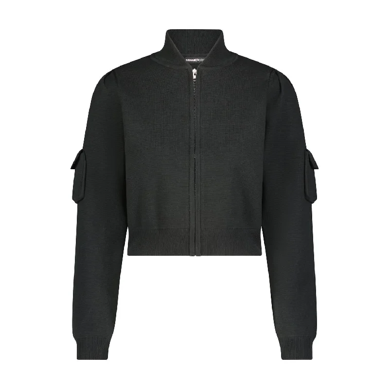 Super Bargain Cotton Blend Crop Bomber Jacket In Black Onyx