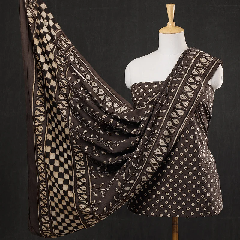 Deal of the Day Brown - 3pc Cotton Block Printed Pipad Dress Material Set