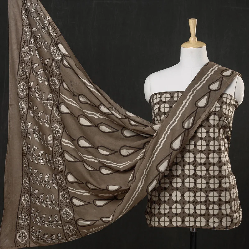 Shop and Save Brown - 3pc Cotton Block Printed Pipad Dress Material Set