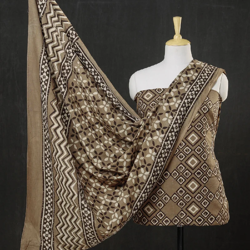 Limited Availability Brown - 3pc Cotton Block Printed Pipad Dress Material Set