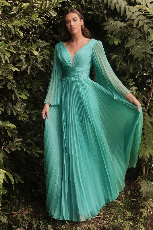 Overstock Cinderella Divine CD242 Long Sleeve Pleated Formal Prom Dress Jade