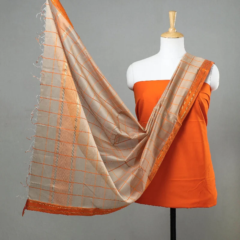Unmissable Offer Orange - Original Maheshwari Silk Pure Handloom 2pc Suit Material Set