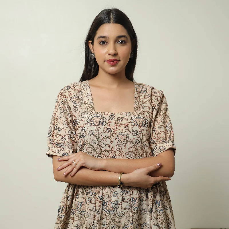 Last Chance Beige - Pedana Kalamkari Block Printed Cotton Tiered Dress 02