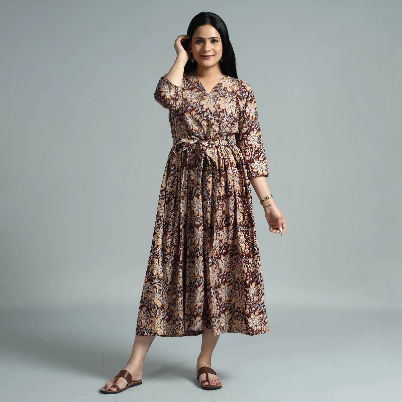 Midnight Sale Brown - Kalamkari Block Printed Cotton Flared Gher Dress