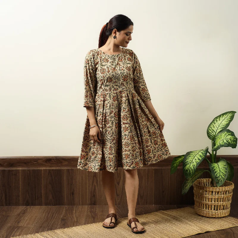 Limited Time Beige - Kalamkari Block Printed Cotton Flared Gher Short Dress 08