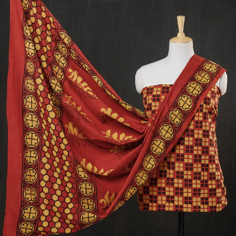 Super Deal Red - 3pc Cotton Block Printed Pipad Dress Material Set