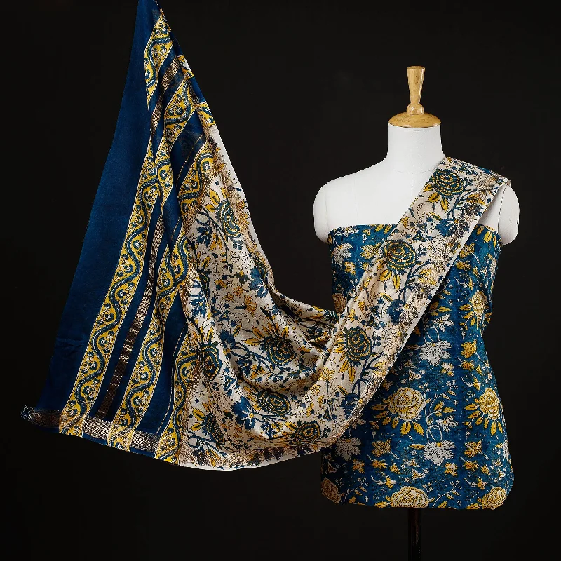 Clearance Event Blue - 3pc Sanganeri Block Printed Maheshwari Silk Suit Material Set