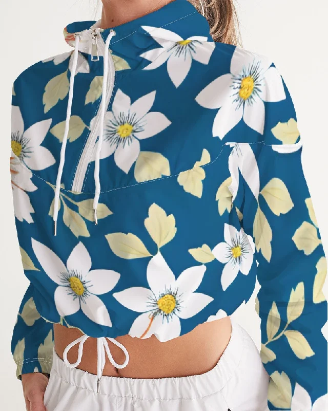 Mega Deal Dark blue background and white flower pattern Women's All-Over Print Cropped Windbreaker