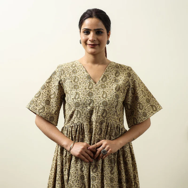 Get It Before It’s Gone Beige - Kalamkari Block Printed Cotton Flared Gher Dress 03