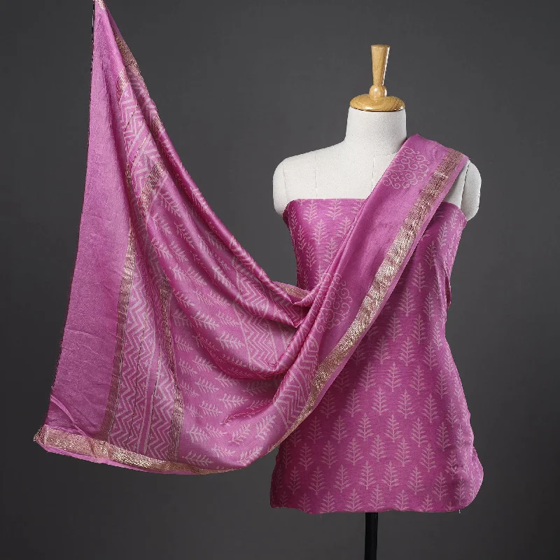 Instant Discount Pink - 3pc Maheshwari Silk Bagru Print Dress Material 08