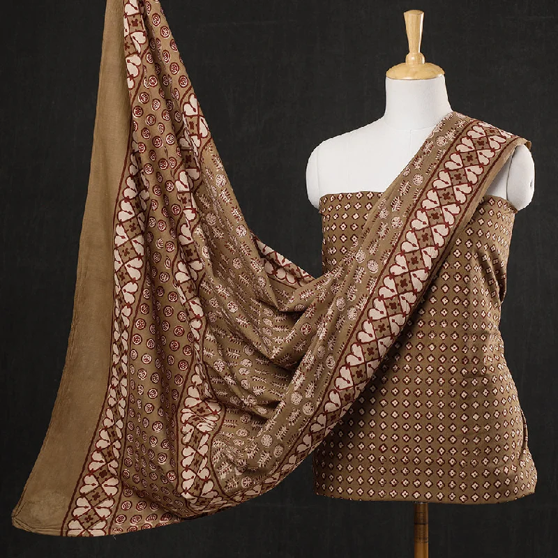 Limited Time Offer Brown - 3pc Cotton Block Printed Pipad Dress Material Set