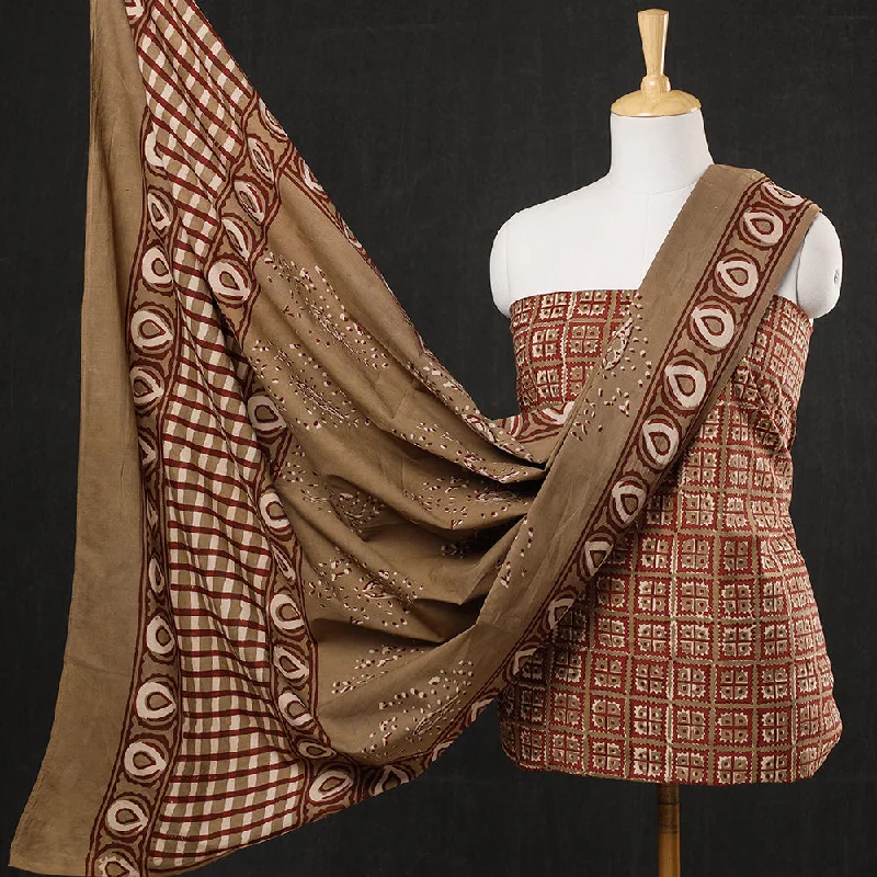 Best Seller Brown - 3pc Cotton Block Printed Pipad Dress Material Set