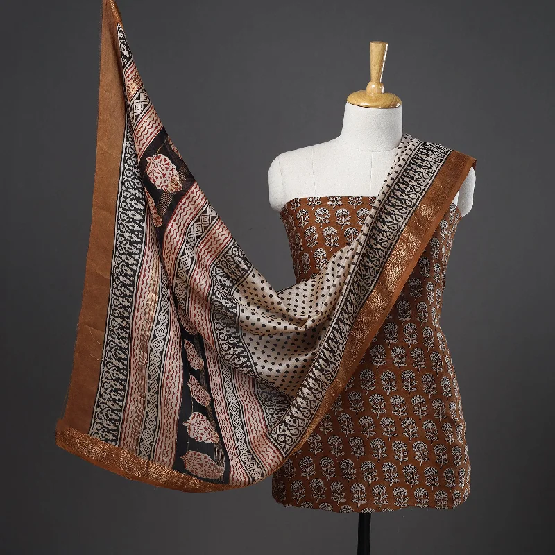 Massive Deals Brown - 3pc Maheshwari Silk Bagru Print Dress Material 17