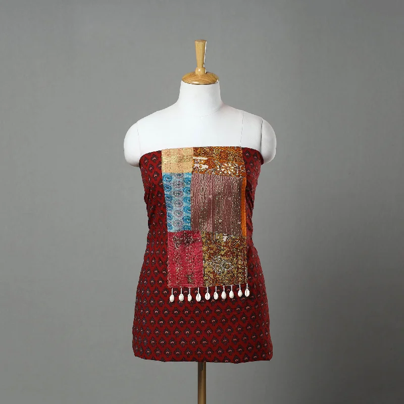 Special Discount Red - Ajrakh Print Cotton Patchwork Kurta Material (3m) 17