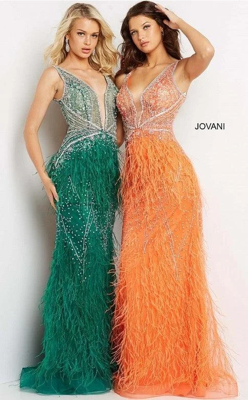 Markdowns Jovani 03023 Prom Long Sleeveless Feather Dress Orange