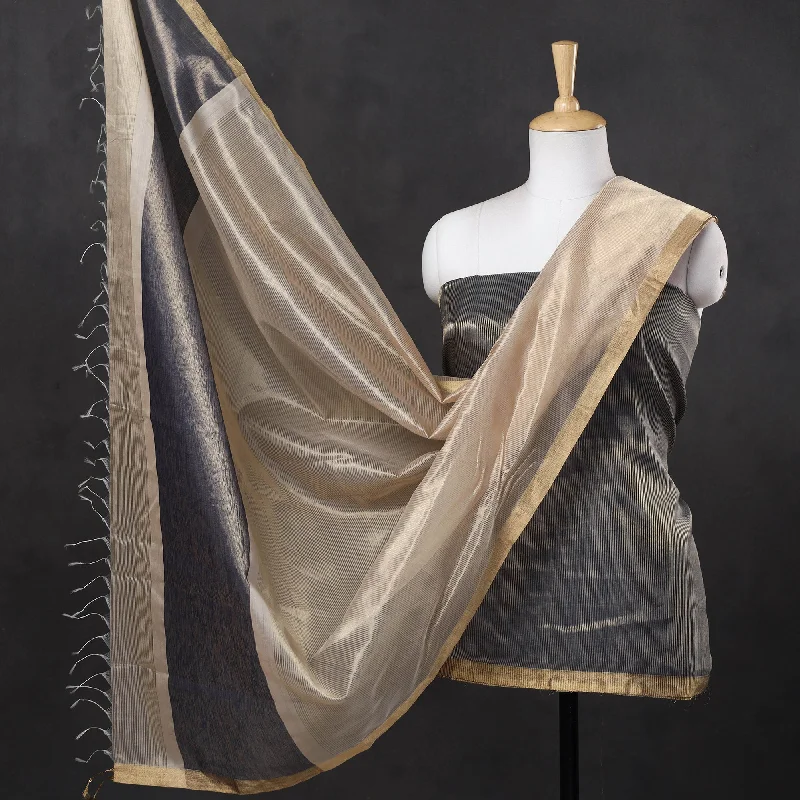 Don’t Miss Out Grey - 2pc Maheshwari Silk Handloom Tissue Zari Stripes Suit Material Set