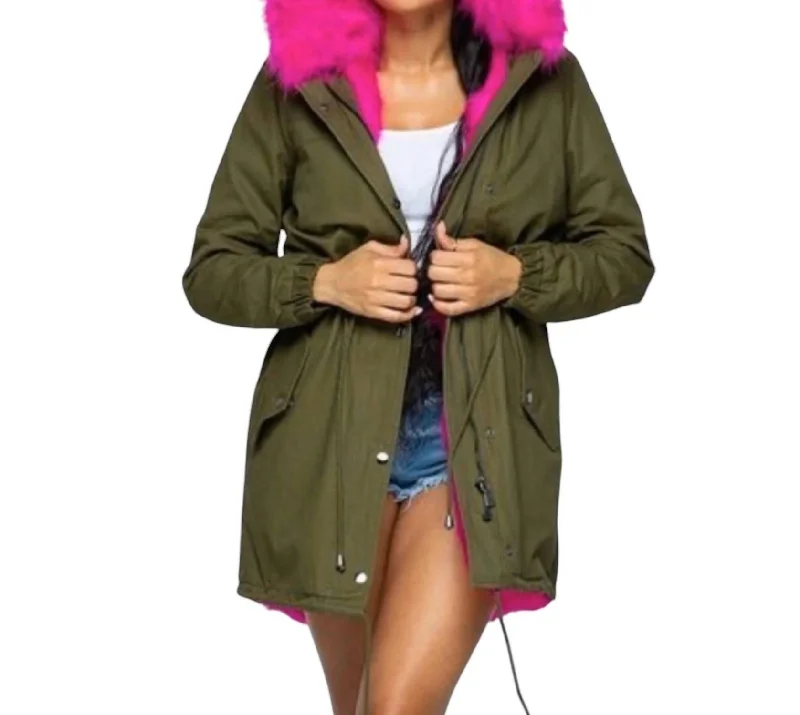 Act Now Hooded Coat With Hot Pink Fur In Olive
