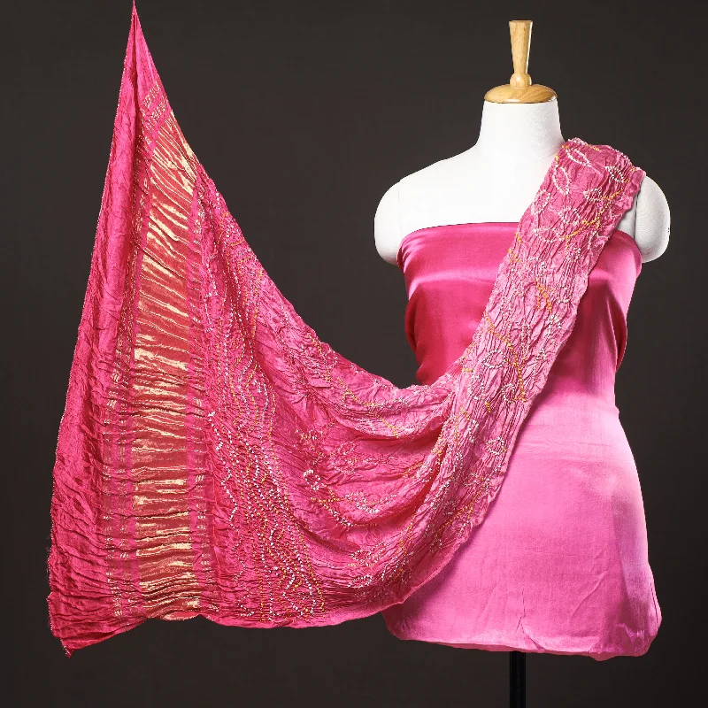 Blowout Deals Pink - 3pc Plain Modal Silk Suit Material Set with Bandhani Lagdi Patta Dupatta