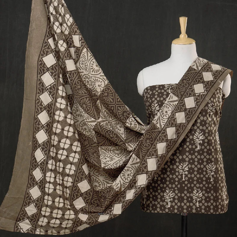 Referral Discount Brown - 3pc Cotton Block Printed Pipad Dress Material Set