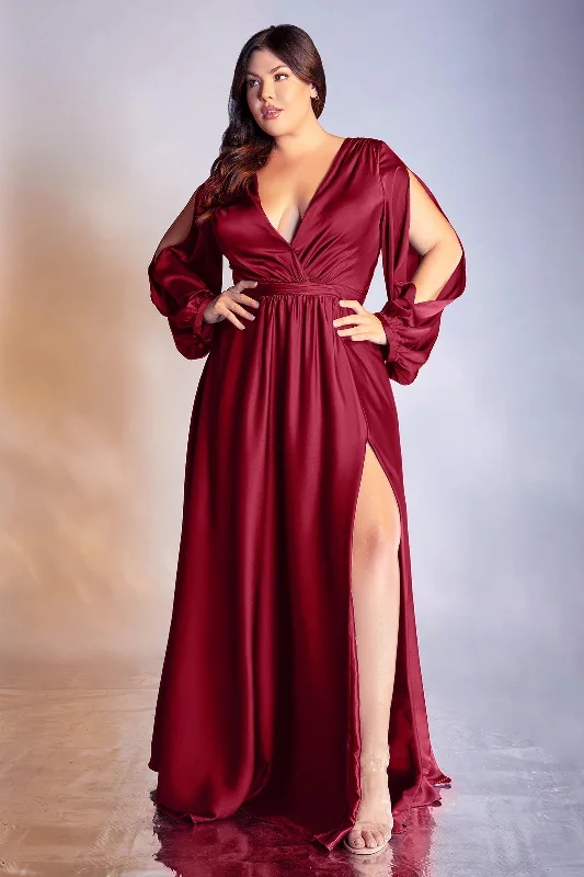 Bargain Bin Cinderella Divine 7475C Plus Size Formal Long Sleeve Satin Dress Burgundy