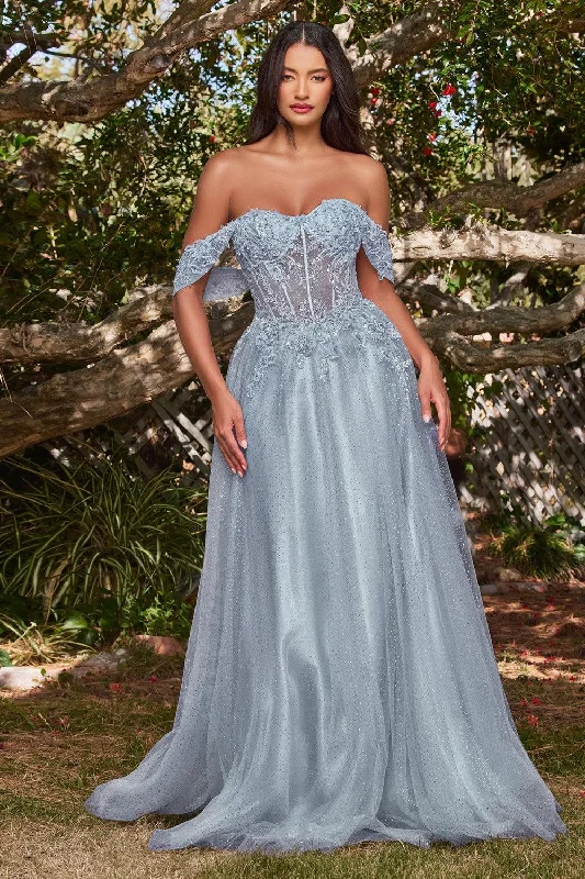 Great Bargains Cinderella Divine CD0198 Off Shoulder Corset Long Prom Ball Gown Smoky Blue