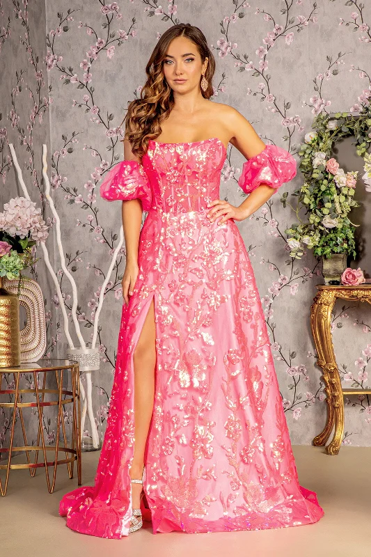 Extra Savings Long Formal Detachable Sleeve Sequin Prom Dress