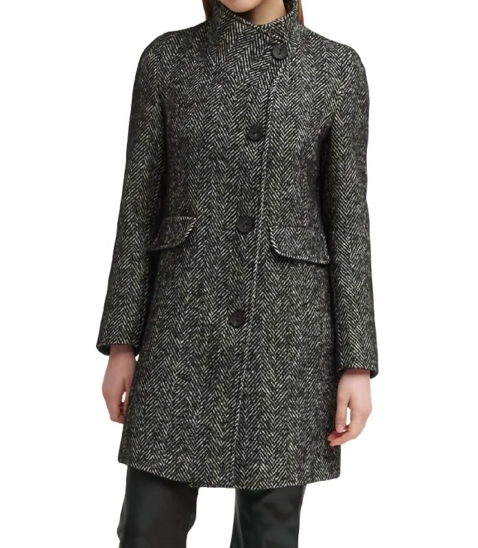 Instant Savings Gery Woman's Tweed Coat In Black & White Herringbone