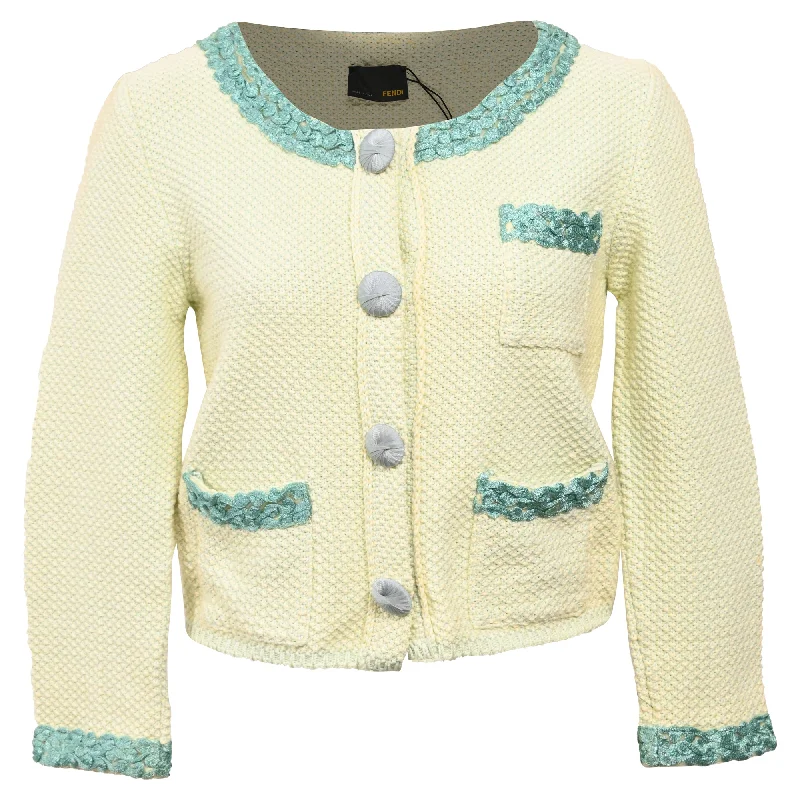 Early Bird Discount Fendi Knitted Embellished-Buttons Cardigan in Yellow Cotton