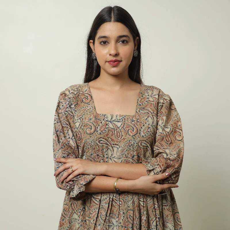 Seasonal Sale Brown - Kalamkari Block Printed Cotton Tiered Dress 09
