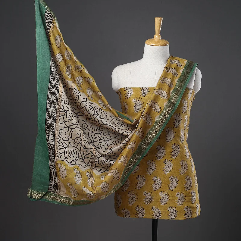 Super Bargain Yellow - 3pc Maheshwari Silk Bagru Print Dress Material 22