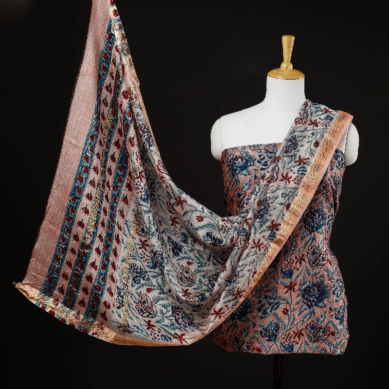 Overstock Pink - 3pc Sanganeri Block Printed Maheshwari Silk Suit Material Set