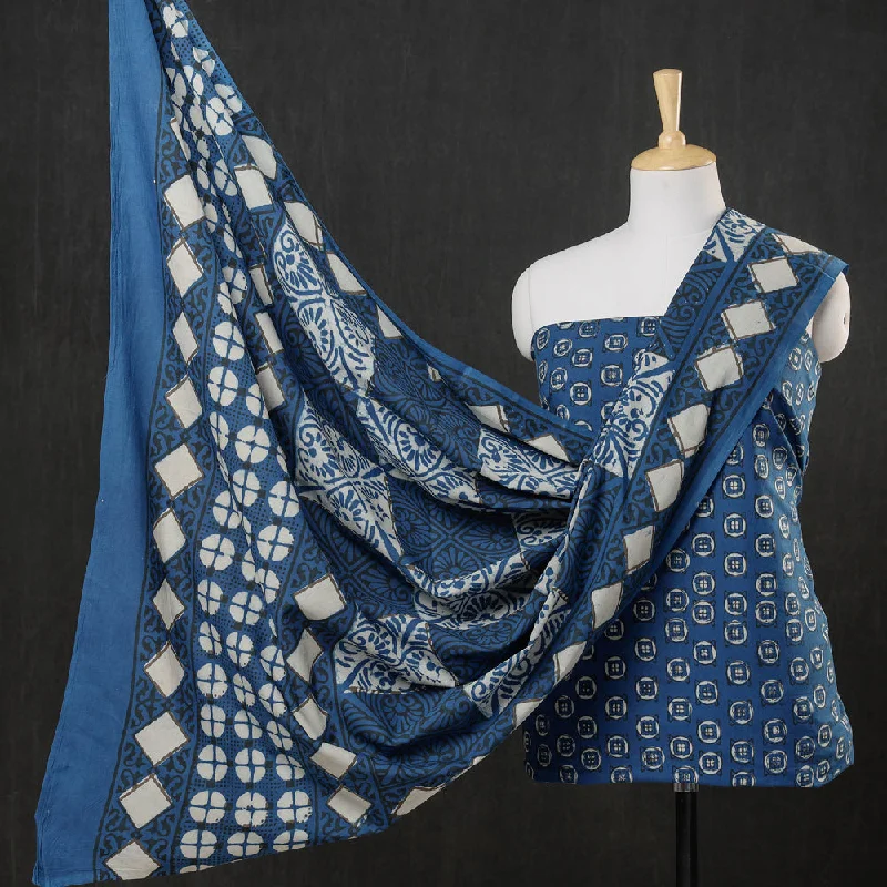 Bonus Savings Blue - 3pc Cotton Block Printed Pipad Dress Material Set