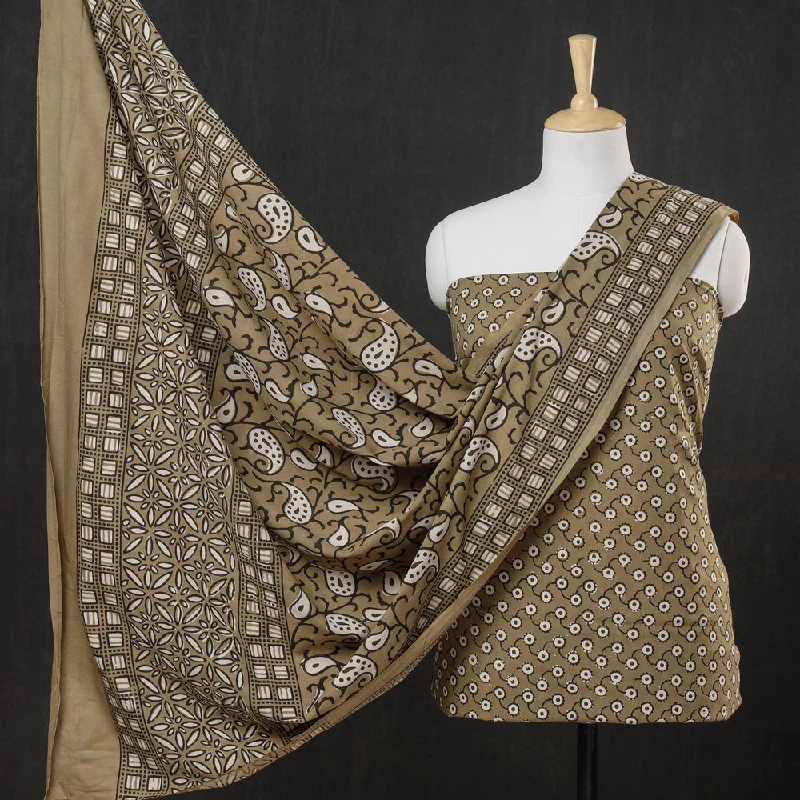 Season Finale Sale Brown - 3pc Cotton Block Printed Pipad Dress Material Set