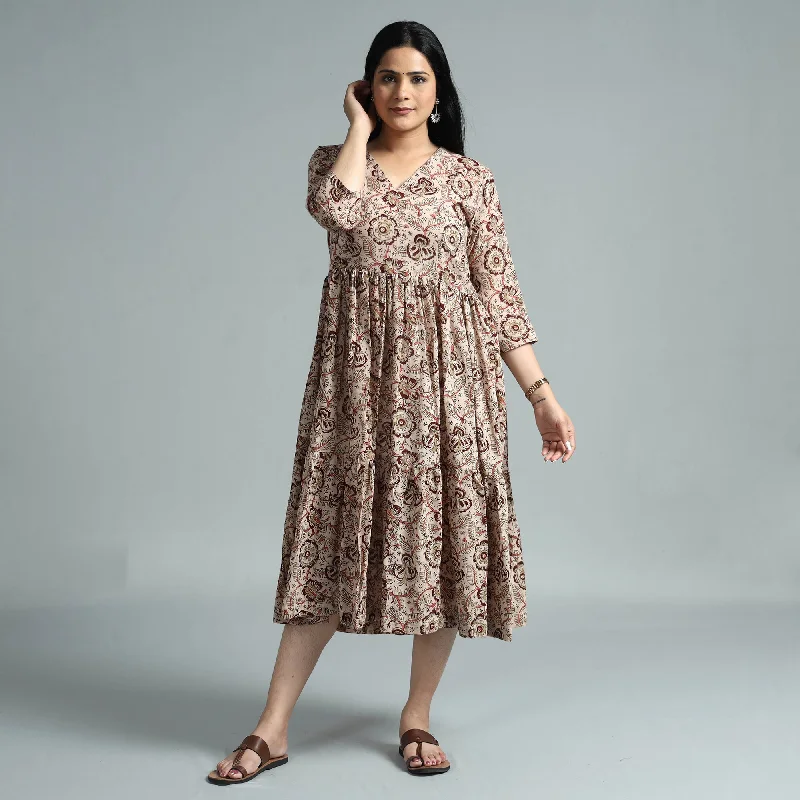 Referral Discount Beige - Kalamkari Block Printed Mul Cotton Flared Gher Dress