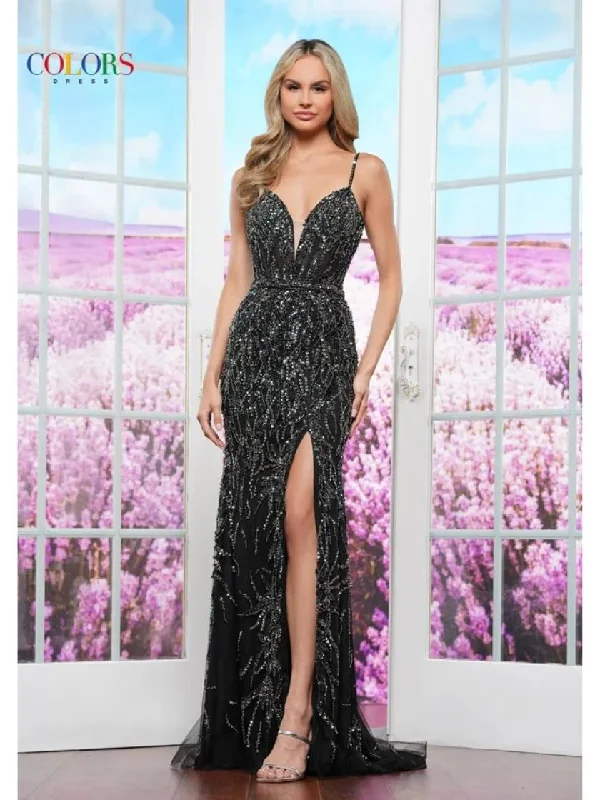 Overstock Colors 3384 Fitted Slit Long Formal Prom Dress